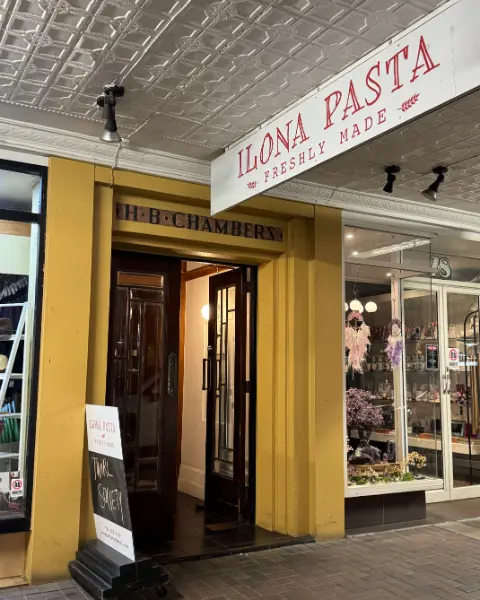 The H.B. Chambers doorway with the ILONA PASTA sign above it