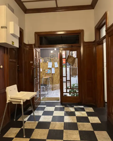 The checkerboard hallway inside H.B. Chambers
